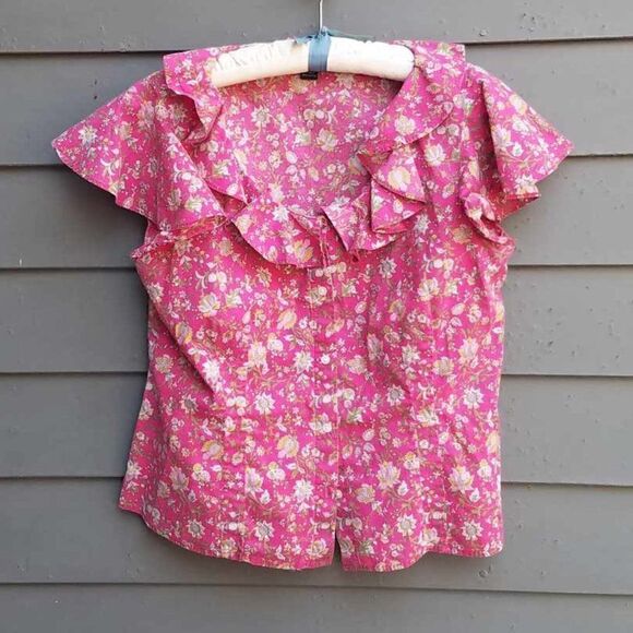 Chaps Cotton Red Floral Print Ruffle Blouse size 12 - Picture 1 of 9
